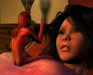 nude long_hair brunette short_hair carg shrunken_woman digital_render between_breasts