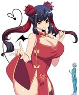 drawing tail black_hair color large_breasts clothed cleavage anime red_eyes smiling nurse pigtails teasing bat_wings edit bangs no_background chinese_dress looking_at_tiny shrunken__woman corona-chan princesshinghoi