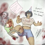 drawing black_hair barefoot huge_breasts blood gore short_hair mini_giantess kick dark_skin hat raised_foot dialogue emmagear no_background violence yamumil bare_midriff party_hat