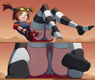 drawing giantess panties feet city upskirt color large_breasts butt destruction clothed bandages butt_crush green_eyes desert stockings sitting looming mountains outdoors white_panties goggles squeezing borderlands gaige biting_lip ravenravenraven