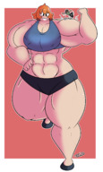drawing giantess color cleavage smiling red_hair short_hair muscles flexing thick_thighs no_background theenglishgent