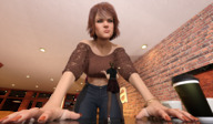 angry brunette multiple_sizes short_hair bending_over shrunken_woman looking_down indoors cup bracelet boomgts digital_render