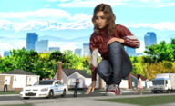 giantess long_hair clothed brunette police looking_down outdoors crouching running_away boomgts digital_render