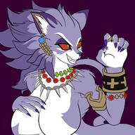 drawing furry cat anthro color large_breasts handheld smiling shrunken_man dangle jewelry between_fingers sharp_teeth looking_at_tiny generalgodzilla trials_of_mana belladonna_(trials_of_mana)