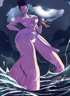 drawing giantess panties mega upskirt color cleavage water ocean high_heels wet huge_breasts smiling in_shoe dress storm looking_down resident_evil earrings belt lightning excella_gionne angelgts hair_bun bare_legs between_breasts lagnus9