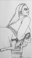 drawing monochrome large_breasts long_hair futanari sex mini_giantess looking_down pinned looking_back huge_penis no_background itsniks
