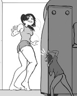 drawing monochrome barefoot shrunken_man hiding artclonov