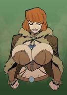 drawing color large_breasts clothed cleavage smiling red_hair medium_length_hair shrunken_man bangs skimpy_clothing cloak bare_midriff between_breasts peter-the-tomato