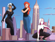 breasts drawing giantess white_hair city mega color large_breasts long_hair cleavage buildings couple red_hair collar giantesses mask hugging dangle crouching costume closed_eyes new_york_city empire_state_building hood imminent_vore zipper thief looking_at_tiny gwen_stacy mary_jane black_cat miles_morales spider-man marvel_comics spider-gwen cindy_moon silk caiman2 peter_parker felicia_hardy