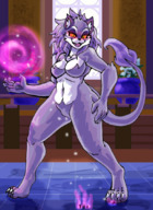 drawing nude feet furry tail cat anthro color large_breasts toes barefoot shrinking red_eyes smiling paws foot_crush fangs shrunken_people looking_down open_mouth between_toes magic indoors under_foot sharp_teeth thick_thighs looking_at_tiny manpersonguy trials_of_mana belladonna_(trials_of_mana)