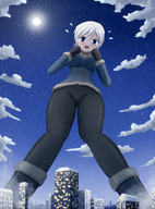 drawing giantess white_hair blushing city mega color blue_eyes clothed looking_down snow pants thedaibijin nerrom guardian_of_light