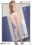 bikini drawing giantess mega color butt barefoot buildings green_eyes brunette street looking_back superholx