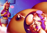micro blushing long_hair clothed huge_breasts looking_down dark_skin dialogue on_nipple bare_midriff smolsoviet