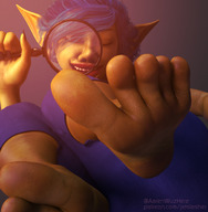 feet toes barefoot soles blue_hair smiling elf shrunken_woman between_toes magnifying_glass on_foot jetslasher goblin raised_feet green_skin looking_at_tiny pointed_ears digital_render shortstack