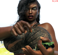 giantess black_hair large_breasts long_hair clothed handheld military vehicles dark_skin outdoors jewelry tattoo between_fingers bare_shoulders in_palm jeep looking_at_tiny digital_render giantess_lover45 humvee