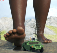 giantess feet clothed toes barefoot soles military foot_crush looming mountains vehicles dark_skin outdoors trees raised_foot jeep imminent_crush digital_render bare_legs giantess_lover45 humvee