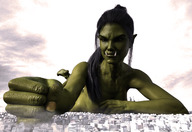 giantess giga city black_hair destruction buildings ponytail lying_down hand_crush smoke fist orc green_skin pointed_ears digital_render tusks bigiolax orc_girl