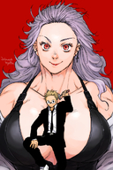 drawing white_hair color large_breasts clothed anime smiling muscles shrunken_man jewelry looking_at_viewer bare_shoulders no_background skimpy_clothing on_breasts between_breasts dorohedoro yotsuya shin_(dorohedoro) noi_(dorohedoro)
