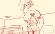 drawing blushing monochrome long_hair huge_breasts embarrassed mini_giantess bending_over indoors moosetracks8008