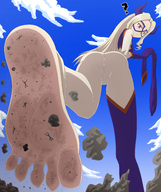 drawing giantess horns blonde color long_hair clothed toes barefoot soles looking_down mask stuck_to_sole debris thedaibijin my_hero_academia mt._lady