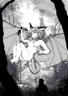 drawing giantess nude horns tail wings monochrome long_hair handheld forest flying outdoors
