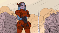 drawing gentle giantess city color long_hair armor clothed high_heels buildings blue_hair smiling animation outdoors crouching sharp_teeth poking looking_at_tiny greyannis