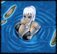 bikini drawing giantess white_hair mega color blue_eyes cleavage ocean huge_breasts ships islands between_breasts saffireprowler