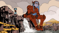 drawing gentle giantess color long_hair armor clothed high_heels blue_hair waterfall sitting blue_skin animation outdoors cliff looking_at_tiny greyannis
