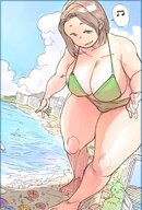 bikini drawing giantess city beach huge_breasts brunette smiling short_hair bbw looking_down outdoors thick_thighs bakugeki_no_g