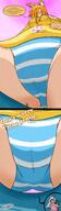 drawing white_hair blushing color blue_eyes huge_breasts scared pink_eyes shrunken_woman shrunken_man looking_down hugging looking_up ahoge sanone orange_hair striped_panties no_background pointed_ears