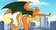 drawing nipples giantess pokemon nude furry blushing tail wings anthro city color large_breasts butt blue_eyes buildings thighs leaning_against_building looking_at_viewer bending_forward scalie charizard bare_legs humanized_pokemon mastergodai knoem chari-gal