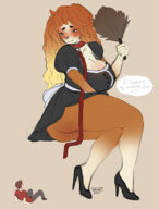 furry blushing anthro dog color cleavage high_heels huge_breasts sitting shrunken_man looking_down maid_uniform leash dialogue charlie no_background driiad