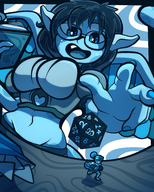 drawing monochrome long_hair blue_eyes glasses low_angle table shrunken_man open_mouth indoors dice mspaintgts throwing looking_at_tiny pointed_ears rolling bare_midriff dnd setto tabletop_game smolcrowbro
