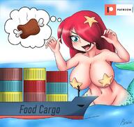 drawing giantess blushing tail color large_breasts mermaid red_hair hungry open_mouth ships nipple_covers pyr0lisk