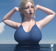 breasts gentle giantess giga blonde large_breasts swimsuit cleavage ocean huge_breasts looking_down outdoors digital_render hair daniel3gp