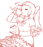 drawing vore monochrome long_hair clothed anime digestion dress shrunken_people sketch drinking screaming bow hair_bow multiple_victims bangs imminent_vore aesir sound_effects in_cup