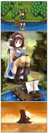 drawing giantess upskirt color large_breasts long_hair butt armor fantasy cleavage water brunette walking boats video_game thighs sunset sprite cleavage_window alice-magic