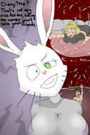 drawing vore furry color bunny_ears saliva smiling shrunken_woman shrunken_man inside_mouth dialogue kidmouse