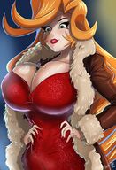 drawing gentle blonde color long_hair cleavage green_eyes huge_breasts shrunken_person bryan_lobdell no_background looking_at_tiny between_breasts