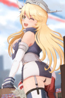 breasts drawing giantess panties blushing city blonde color large_breasts long_hair butt destruction blue_eyes clothed skirt smiling open_mouth looking_back sideboob looking_at_viewer winking kantai_collection salute unusual_pupils iowa ncmares yohomeboync yohomeboyraps