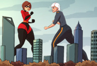 drawing giantess white_hair city mega color butt blue_eyes clothed buildings susan brunette brown_eyes gloves ginormica short_hair boots fighting giantesses mask towering monsters_vs_aliens costume milf disney catsuit jumpsuit the_incredibles elasti-girl dreamworks pixar caiman2 sxgodzilla