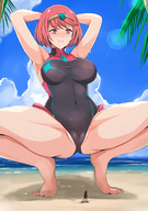 drawing blushing color swimsuit beach barefoot sweat pink_hair squatting pink_eyes shrunken_man nonoririn looking_at_tiny bare_legs xenoblade_chronicles_2 pyra leon_takayashi