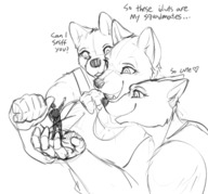 drawing gentle furry wolf anthro monochrome clothed text handheld shrunken_man sketch giantesses dialogue in_palm looking_at_tiny gasmaskfox