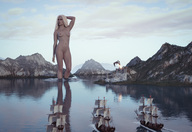breasts nipples giantess white_hair nude mega dragon destruction water castle queen waves mountains lake reflection clouds ships wading digital_render game_of_thrones daenerys_targaryen render-farmer