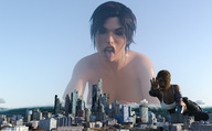 giantess nude giga city tongue armor brunette multiple_sizes giantesses dark_skin lara_croft tomb_raider tsunami digital_render render-farmer