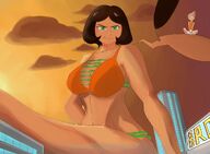 bikini breasts drawing giantess city mega color large_breasts cleavage green_eyes huge_breasts brunette smiling short_hair sitting looking_down skyscraper clouds outdoors sky sunset dante on_shoulder looking_at_tiny bare_legs smirking bare_midriff entrecoxas itsatinyveigar marjorie