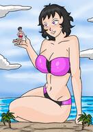 bikini drawing gentle giantess black_hair color large_breasts beach handheld cleavage ocean purple_eyes sitting looking_at_tiny archangemon