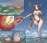 drawing giantess blushing giga city color long_hair destruction barefoot red_eyes foot_crush embernaga