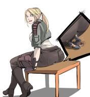 drawing blonde color blue_eyes ponytail shrunken_man looking_back no_background bubimun blutt_crush botts