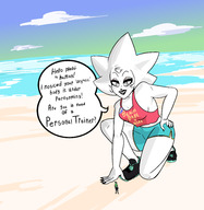 giantess beach ocean smiling kneeling shorts looking_down outdoors long_nails top dialogue white_skin black_nails steven_universe white_diamond slugmanoctavio3 cartoon_network